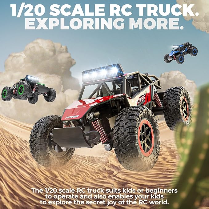 BEZGAR TB201 RC Cars-1:20 Scale Remote Control Car-2WD High Speed 20 Km/h Electric Toy Off Road Vehicle Monster Truck Crawler with LED Headlight and Rechargeable Battery for 8-12 Year Old Boys Girls