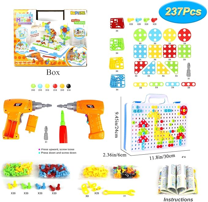 STEM Design and Drill Toy for Kids Ages 3-8, 237 Pcs Electric Drill Toy,Creative Building Toys,Magic Montessori Play Toolbox for Toddler Boys Girls Preschool,STEM Toys for 3 4 5 6 7 8 Year old
