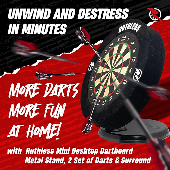Ruthless Miniature Desk Top Dart Board Set for Home and Office - Includes Mini Steel Tip Darts, Choice of Surround and Mouse Mat