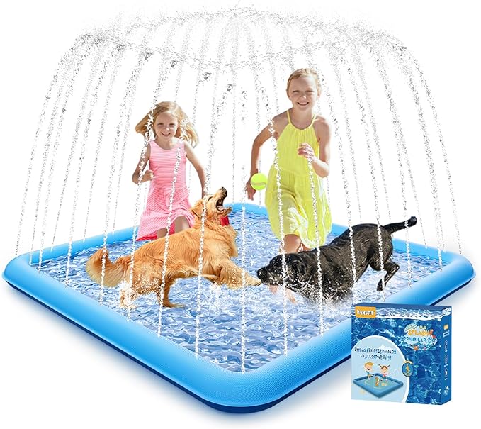 Splash Pad, 97"- 72" Non-Slip Splash Pad for Kids and Dogs, Thickened Durable Square Dog Pool with Sprinkler Summer Outdoor Water Toys for Toddler Girls Boys Children Pet (Blue)