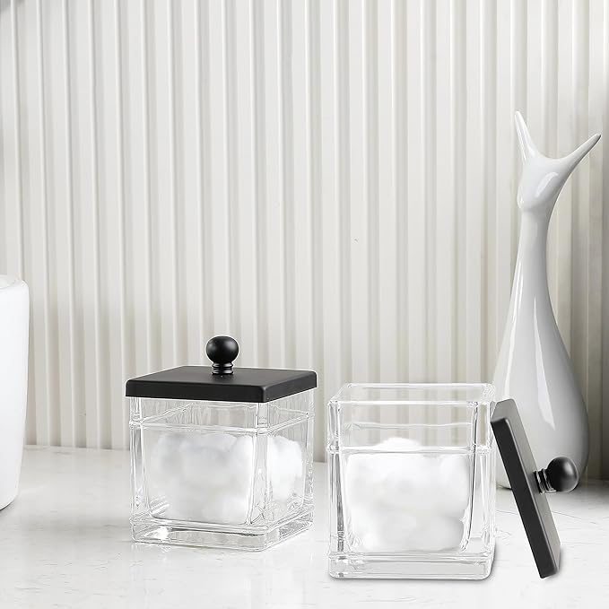 Glass Cotton Jar Holder 2 Pack– Matte Black Lid, Elegant Bathroom Storage Canister for Qtips, Cotton Balls, Floss, Makeup Organizer, Vanity & Bathroom Organization
