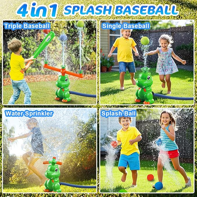 4-in-1 Dinosaur Water Sprinkler Baseball Toys,360° Spinning Water Play Game, Water Baseball, Water Splashing Toy for Kids Outdoor, Summer Backyard Lawn Pool Party Fun for Boys Girls (Green)