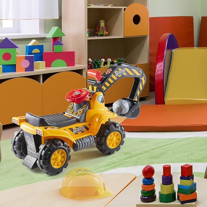 Play22 Toy Tractors for Kids Ride On Excavator - Music Sounds Digger Scooter Bulldozer Includes Helmet with Rocks - Pretend Play - Toddler Construction Truck