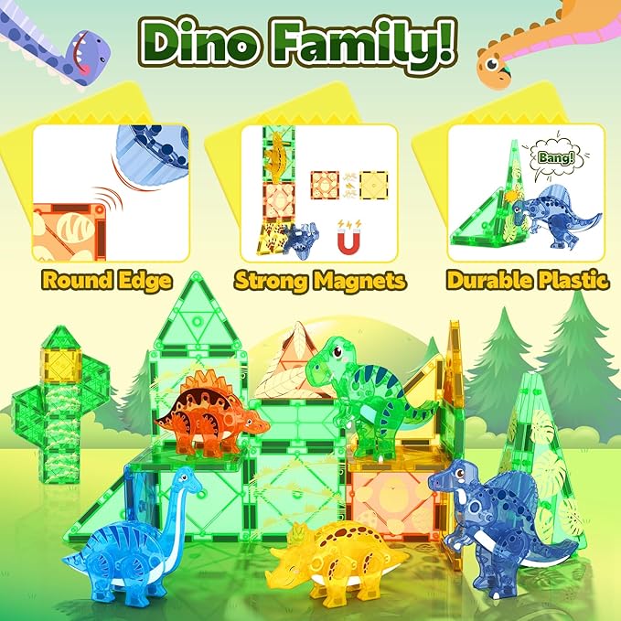 Dinosaur Toys Magnetic Tiles 3D Movable Dinos for Kids 3-5 5-7 Toddler Outdoor Sensory Toys, STEM Educational Magnetic Blocks for 3+ Years Old Boys Girls Kids Toy