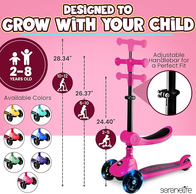 SereneLife 3 Wheel Foldable Kids Scooter - Foldable Seat, LED Wheel Lights, Adjustable Handlebar, Rear Foot Brake, Lean-to-Steer, Anti-Slip Deck, Ideal for Toddlers Kids 3+, up to 110Lbs