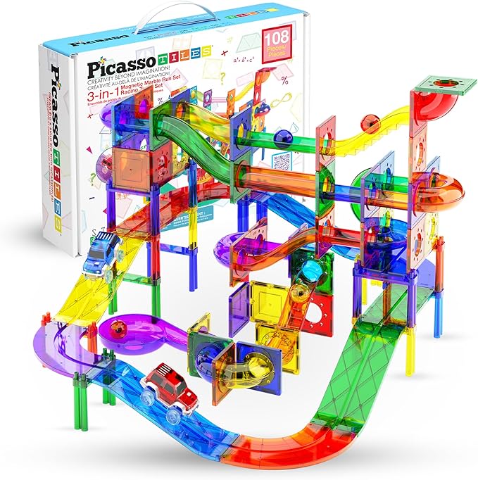 PicassoTiles 108pc 3-in-1 Marble Run Car Race Track Combo Magnetic Tiles PicassoToys Magnet Building Block Educational Construction Toy Playset STEM STEAM Learning Kit Child Brain Development PTG108