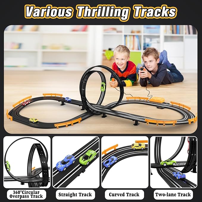 Slot-Car-Race-Track-Sets for Boys Kids, Battery or Electric Race Car Track with 4 High-Speed Slot Cars, Dual Racing Game 2 Hand Controllers Circular Overpass Track, Toys Gifts for 6-8 8-12 Boys Girls
