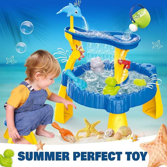 BELLOCHIDDO Water Table for Toddlers 1-2 - Summer Toys, 2-Tier Rain Showers Splash Pond for Outside Beach Backyard Summer, Activity Sensory Outdoor Play Table for Toddlers