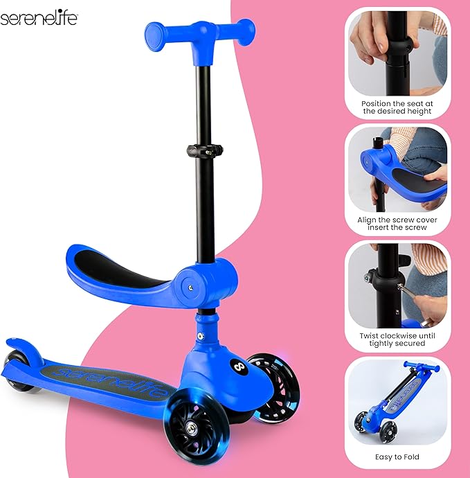 SereneLife 3 Wheel Foldable Kids Scooter - Foldable Seat, LED Wheel Lights, Adjustable Handlebar, Rear Foot Brake, Lean-to-Steer, Anti-Slip Deck, Ideal for Toddlers Kids 3+, up to 110Lbs