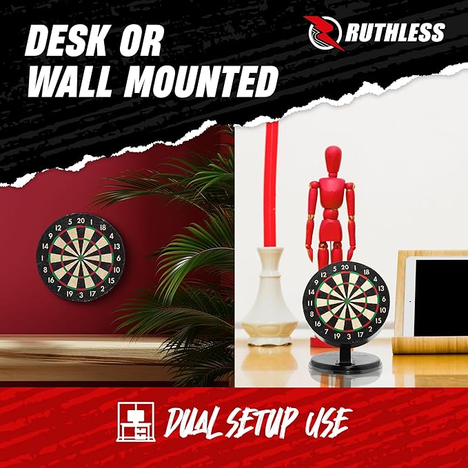Ruthless Miniature Desk Top Dart Board Set for Home and Office - Includes Mini Steel Tip Darts, Choice of Surround and Mouse Mat