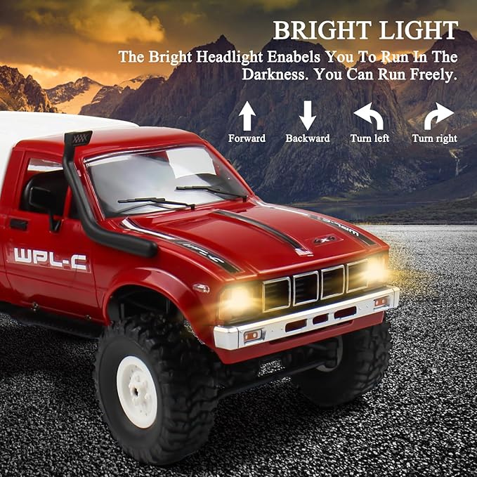 RC Crawler 1/16 Scale RC Rock Crawler, WPL C24 All Terrain RC Car RTR 4x4 Off-Road Remote Control Trucks with LED Lights and Two Batteries for Kids and Adults