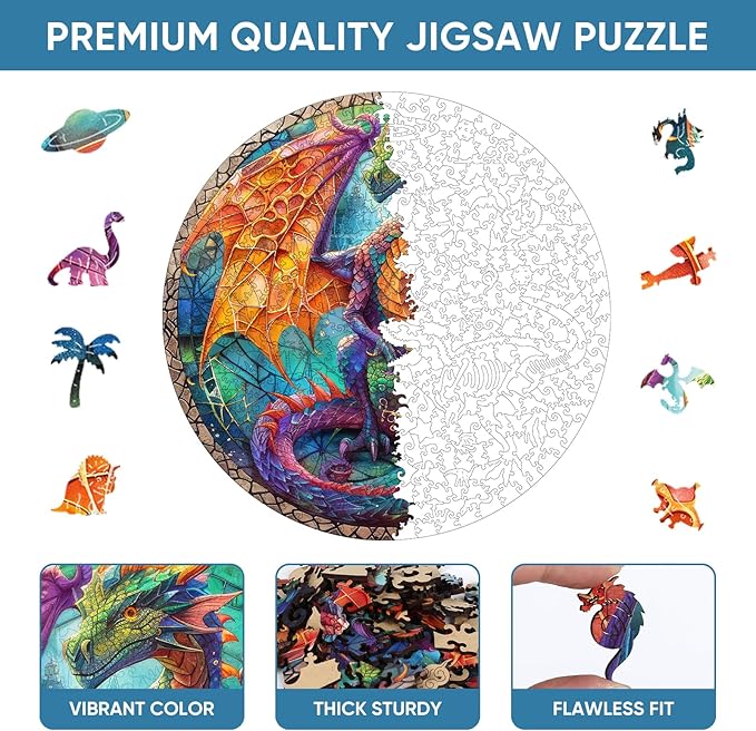 Wooden Puzzles for Adults, Winged Dinosaur Puzzle Color Challenge Jigsaw Puzzles 300 Piece Royal,12x12.6 in Thickened Unique Shapes Family Reunion Puzzle, Best Gift for Adults and Kids, Family Game