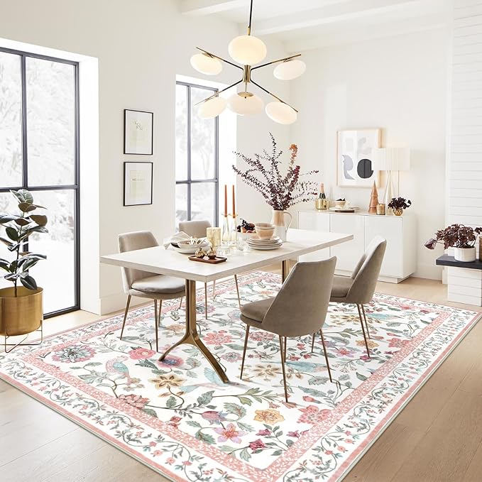Floral Washable 8x10 Area Rug for Living Room, Soft Pink Large Girls Bedroom Non-Slip Low Pile Flower Birds Dining Room, Botanical Floor Carpet for Kids Classroom Office