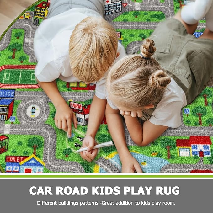 Capslpad Green Car Road Kid Rug Carpet Playmat for Playoom Traffic Road Kids Play Mat for Toddler Non Slip Washable City Map Race Track Carpet Rug for Kids Room Bedroom Nursery Room Decor,6.6'x6.6'