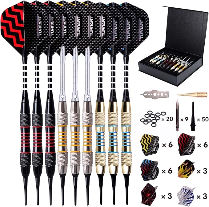 Turnart Darts Plastic Tip - Professional Soft Tip Darts Set for Electronic Dartboard 9 Pcs 18 Grams with 50 Extra Tips 9 Shafts 27 Flights Tool Kit Flight Protectors and Gift Darts Case