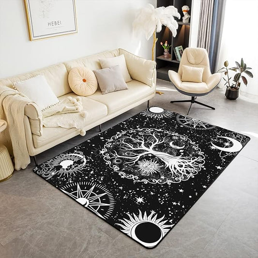 Erosebridal Tree of Life Area Rug 4x5, Sun and Moon Rug, Gothic Moth Trippy Galaxy Stars Non Slip Decorative Rug, Cosmic Celestial Stars Luxury Chic Black White Carpet for Living Room