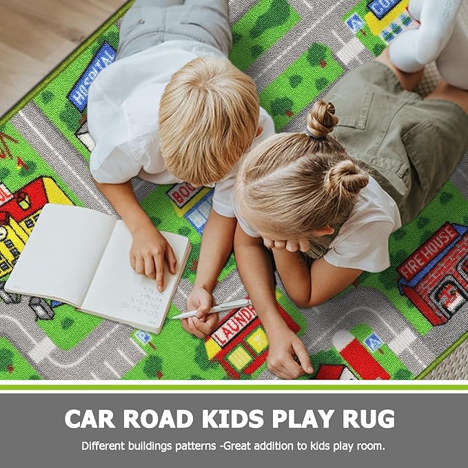 Capslpad Green Car Road Kid Rug Carpet Playmat for Playoom Traffic Road Kids Play Mat for Toddler Non Slip Washable City Map Race Track Carpet Rug for Kids Room Bedroom Nursery Room Decor,5'x2.7'