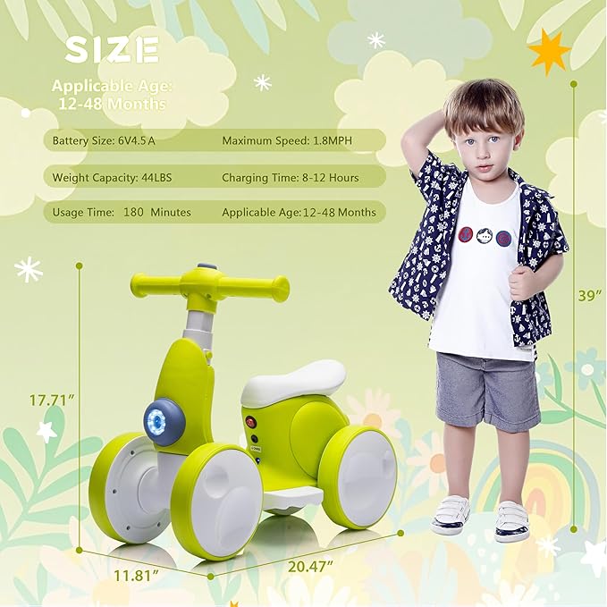 6V Electric Baby Balance Bike for 1 Year Old Boys Girls Ride on Toys 12-48 Months Toddler Balance Bike, 4 Wheels Kids First Bike with Remote Control First Birthday Gifts- Cyan