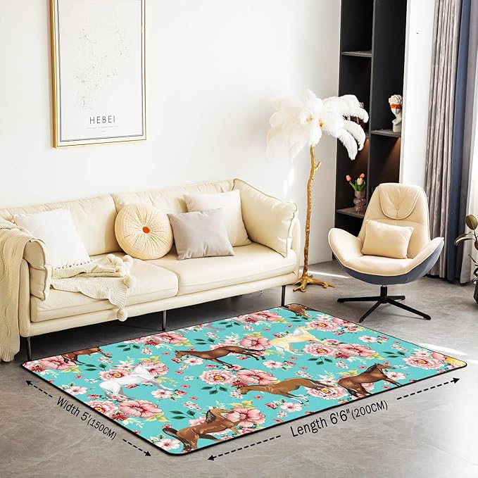 Kids Horse Rug, Chic Retro Floral Area Rug 5x6'6'' for Girls Teens, Galloping Horse Printed Carpet for Living Room, 3D Wild Farm Animal Non Slip Decorative Rug, Green Pink