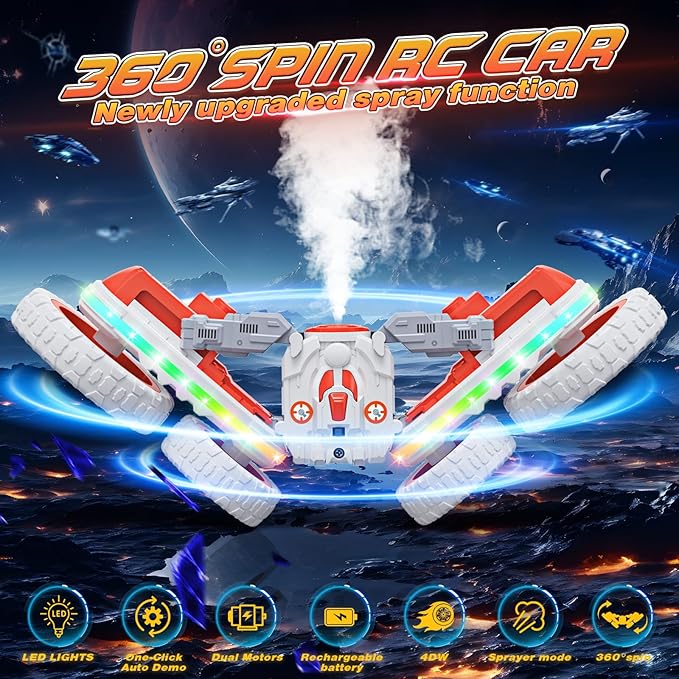 Remote Control Car,RC Cars with Sides Light and Headlights,360°Rotating 4WD Spray RC Stunt Car,2.4Ghz All Terrain Toy Car for Boys Age 4-7 Kids Toy for 8-12 Boys Girls Birthday Gift(Orange & White)