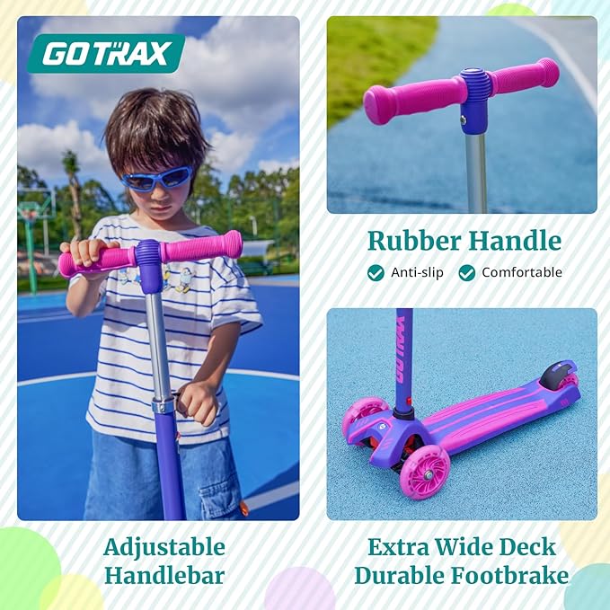 Gotrax KS1 Kids Kick Scooter, LED Lighted Wheels and 3 Adjustable Height Handlebars, Lean-to-Steer & Widen Anti-Slip Deck, 3 Wheel Scooter for Boys & Girls Ages 2-8 and up to 100 Lbs