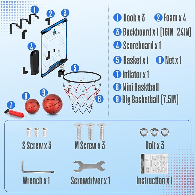 HopeRock Large Indoor Basketball Hoop for Kids Teens Adults, 24 X 16 Inch Over The Door Basketball Hoops with Electronic Scoreboard, Basketball Toys Birthday Gifts for Boys Girls