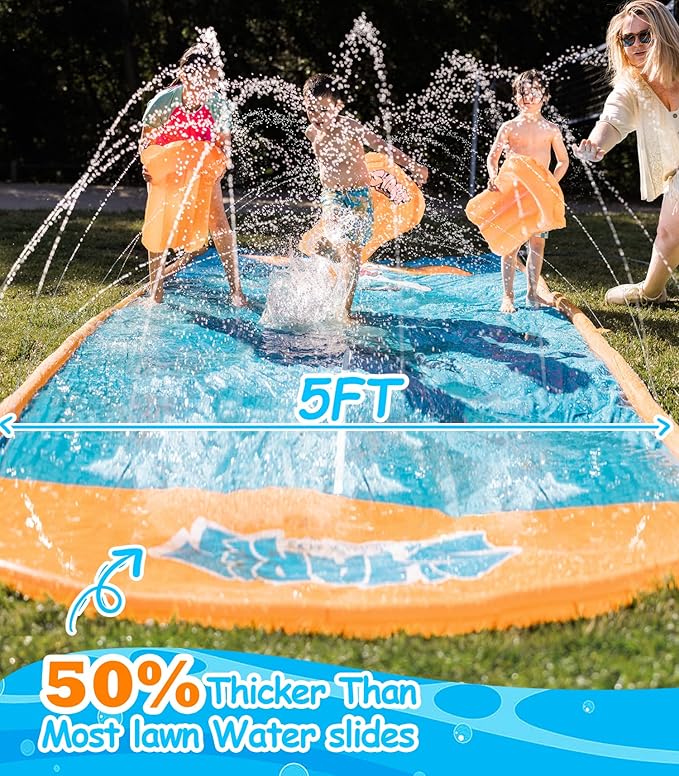 Slip Water Slide, 22ftx5ft Slip Water Slide for Kids Backyard Lawn,Summer Water Toys Outdoor Sprinkler with 2 Sliding Racing Lanes and 2 Inflatable Bodyboards