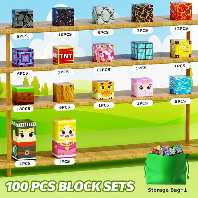 100PCS Magnetic Blocks, Magnetic Cubes Magic Forest Set for Boys & Girls Toys Age 3-5 6-8 8-10, Magnetic Tiles 1" Building Blocks Toddler Toys STEM Sensory, Creative Kids Games Kids Toys