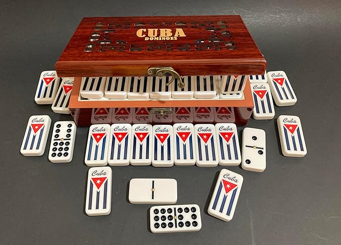 PRK 14 Cuban Double 9 Dominoes Set in Premium Wooden Box – Classic White Tiles with Colored Dots Dominoes in Durable Wooden Storage Case – Traditional Cuban Style for Family & Friends