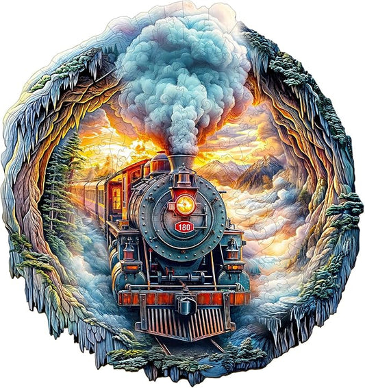 KAAYEE Wooden Puzzles for Adults 95 Pieces Visual 3D Steam Train Wooden Jigsaw Puzzles for Adults Unique Shaped Train Wood Puzzle Gifts for Mother's Day Adult Kids(8.4 * 8.5 in)
