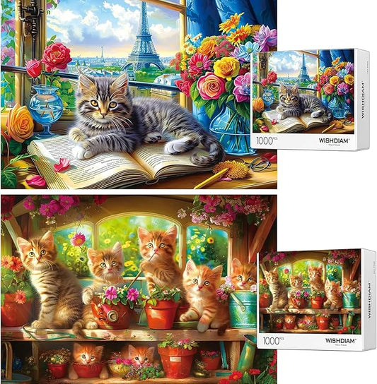 Jigsaw Puzzles 2 Pack 1000 Pieces - WISHDIAM Puzzles for Adults - Cats Kitten in Flower Room - Funny Pets Puzzles for Adults 1000 Pieces and up (Paris & Garden)