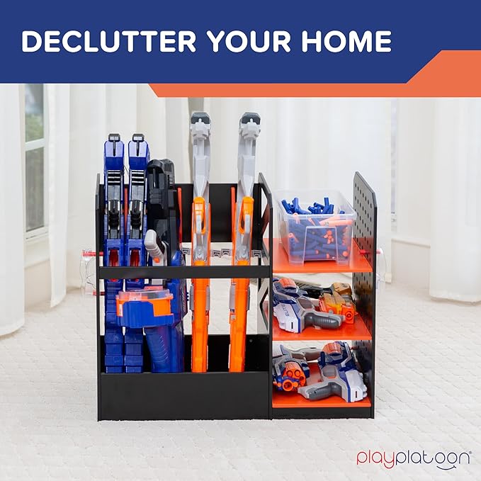 Play Platoon Storage Rack for Nerf Gun Storage & Nerf Accessories, Sturdy Wood Construction, Dart Holder & 6 Gun Holder for Wall with Pegboard Wall Organizer, Includes 20 Pegs