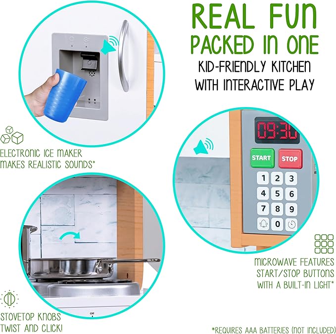 Lil' Jumbl Kids Kitchen Set, Pretend Wooden Play Kitchen, Battery Operated Icemaker & Microwave with Realistic Sound, Pots & Pan Included - Natural