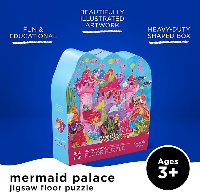 Crocodile Creek 36-Piece Jigsaw Floor Puzzle - Fun Floor Puzzles for Kids Ages 3-5 - Heavy-Duty Shaped Box for Storage - Mermaid Palace - 27" W x 20" H Finished
