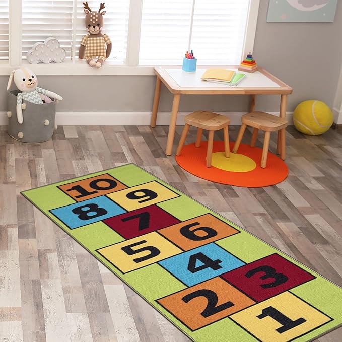Ottomanson 2'7" x 6' Hopscotch Kids Rug - Play Mat for Playroom, Bedroom, Daycare & Classroom - Fun & Interactive Game Carpet - Durable and Non-Slip - Perfect for Learning & High-Traffic Areas, Green