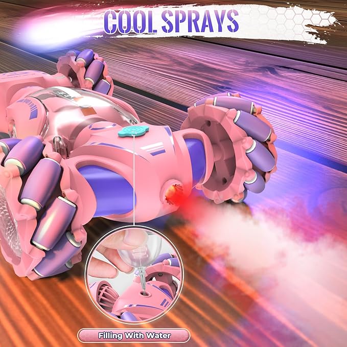 Pink Remote Control Car Toys Gifts for Girls 6-12, with Light & Music & Spray, 2.4Ghz 4WD Double-Sided 360° Rotating Gesture Sensing RC Stunt Car, Birthday for Girls Kids