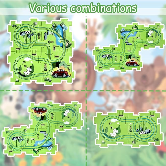 4 Year Old Boy Birthday Gift, Puzzle Racer Kids Car Track Set Puzzle Racer Car Track Set with Roadmap Puzzle Track Car Play Set Toys for 4 Year Old Boys (E-Dinosaur-1, Set3-5Pcs)