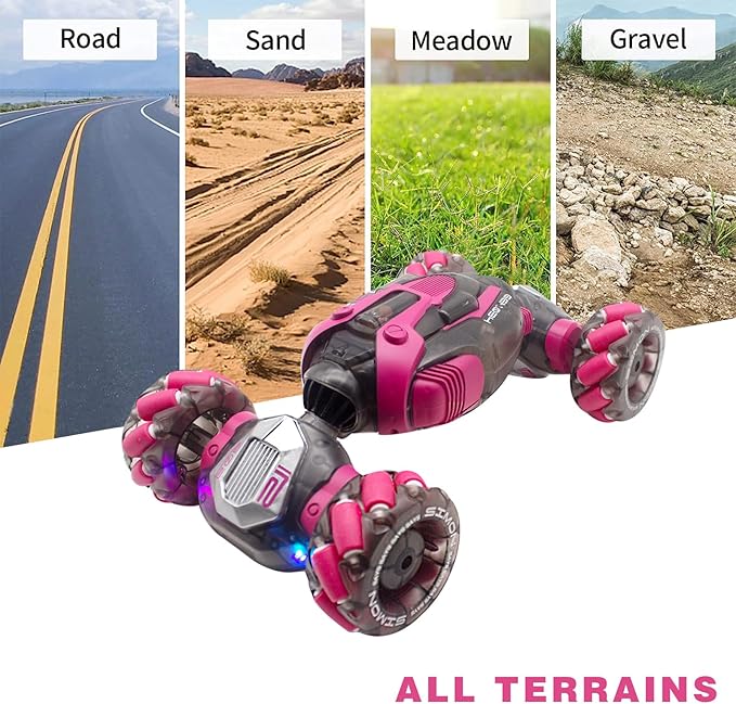 Remote Control Twist Car Gesture Sensing RC Stunt Cars 360°Rotation 4WD Toys Car for Kids Age 7-14 Year Old Transform Car with Lights Music for Boys Girls Birthday Xmas Gifts (Pink)