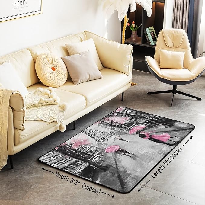 Paris Area Rug 3x5, French Eiffel Tower Rugs for Girls Kids Women, Paris Themed Cherry Blossoms Carpet, Couple Retro Gray Building Non Slip Pink Grey Decorative Rug for Living Room