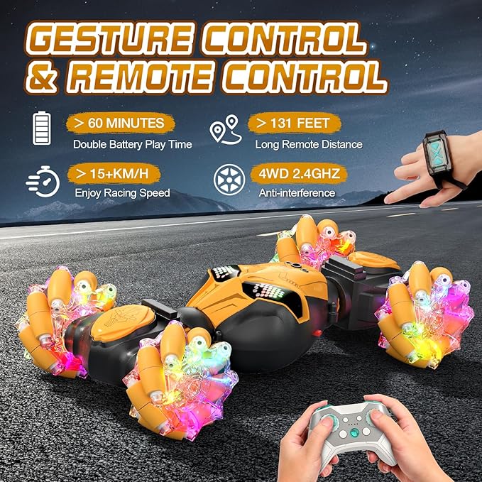 Axirata Gesture Sensing RC Stunt Car with Lights & Music for Kids 6-12 Year Old 4WD 2.4GHz Hand Controlled Remote Control Car 360° Rotation Off-Road Toy Car Gift for Boys Girls（Yellow）