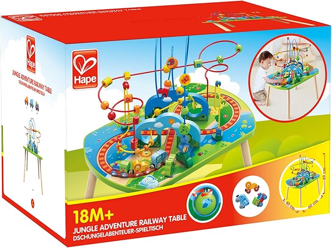 Hape Jungle Adventure Railway Table | Kids Bead Maze Puzzle Table with Accessories, African Scene Graphics, Child Sized Table for Individual and Group Play