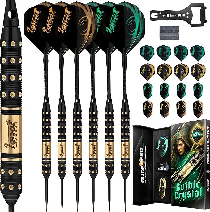 IgnatGames Steel Tip Darts Set - 3/6/12 Pack Brass Darts Metal Tip Set with Exquisite Case - Aluminum Shafts, 2 Sets of Flights, Dart Tool & Sharpener