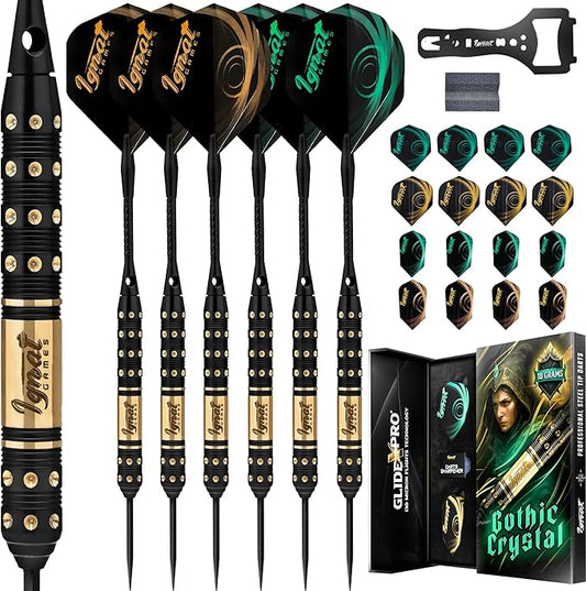 IgnatGames Steel Tip Darts Set - 3/6/12 Pack Brass Darts Metal Tip Set with Exquisite Case - Aluminum Shafts, 2 Sets of Flights, Dart Tool & Sharpener
