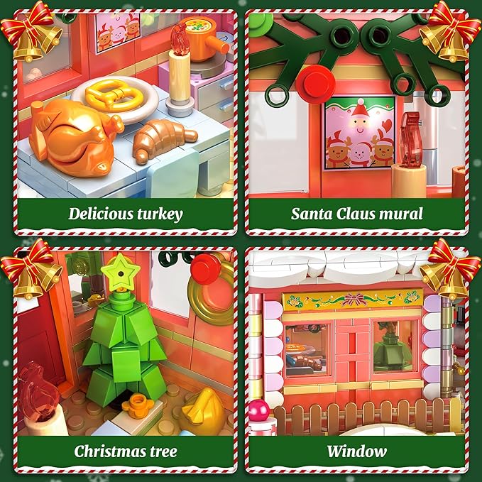 Gingerbread House Building Block Set for Girls 12+ - Pink Christmas Village With LED Lights, Tree, and Train - 1288Pcs for Adults