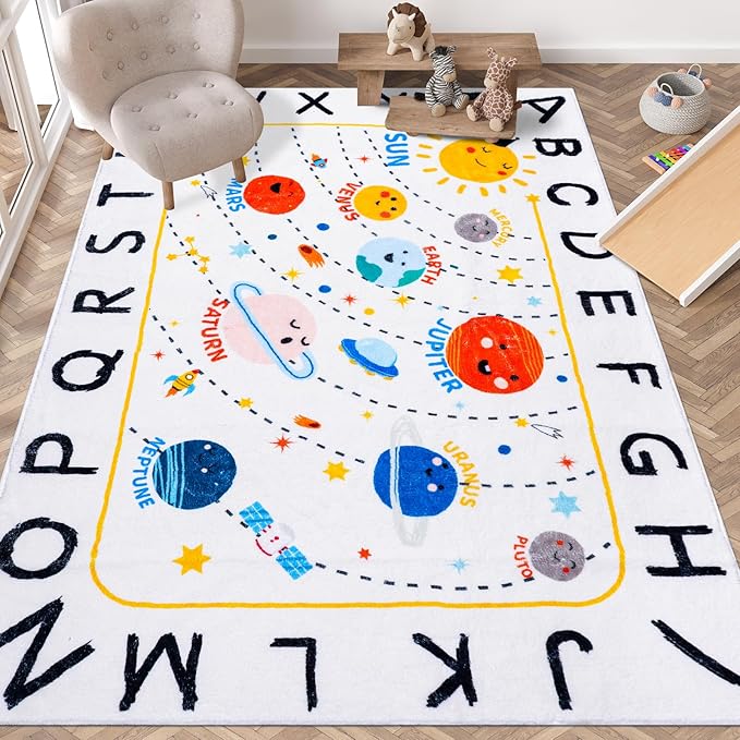 Soft ABC Kids Rug,59x78 in Washable Large Classroom Rug,Non-Slip Educational Nursery Rug,Solar System Kids Room Rug for Classroom Playroom Bedroom Kids Room Decor