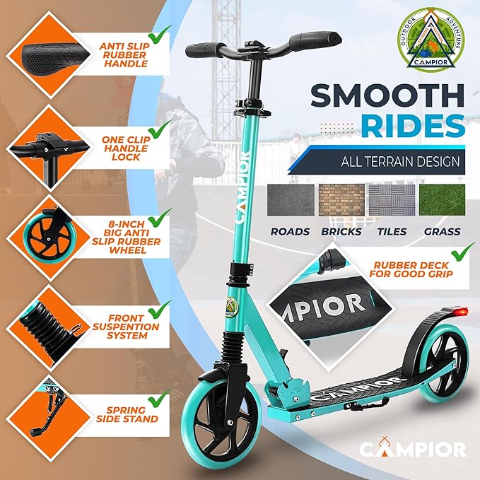 Kick Scooter for Ages 6+, for Kids, Teens, and Adults, Max Load 240 LBS, Foldable, 8-inch Big Wheels for Kids and Adults, with Kickstand, 3 Adjustable Levels, Child Safety Approved, Aqua