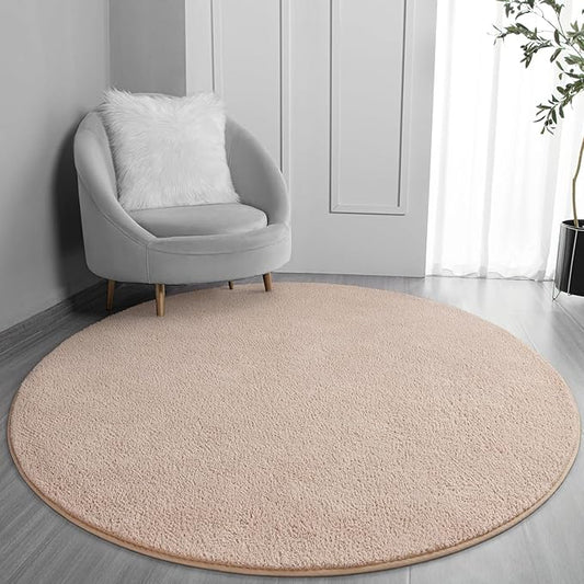 FlyDOIT Round Area Rugs for Bedroom Living Room, 4x4 Ivory Super Soft Comfy Thickened Memory-Foam Indoor Circle Carpets, Modern Aesthetic Minimalist Carpet for Boys Girls Adults Nursery Home Décor