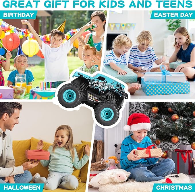 Remote Control Car, 2.4Ghz All Terrain Monster Truck Toys, RC Truck with Music, 3 Lighting Effects, 360 Stunt Capable, All Included Ready to Run, Toy Gifts for Boys and Girls (Blue)