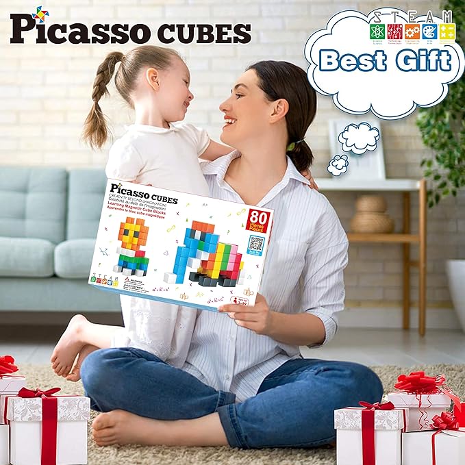 PicassoTiles Magnet Cube Building Blocks 80 Pieces 1.2" 3CM Magnetic Cubes Toy Construction Building Educational Sensory Toys with Idea Booklet for School & Preschool Kids Boys Girls Toddlers PMC302