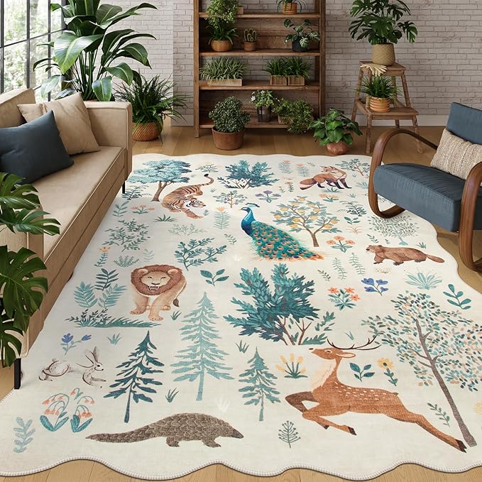 Lahome Jungle Kids Rugs for Playroom 8x10,Rugs for Bedroom Boys, Soft Large Living Room Rug Ultra-Thin, Animal Print Indoor Non Slip Carpet for Dining Room Neutral Nursery Girl (Beige, 8'x10')